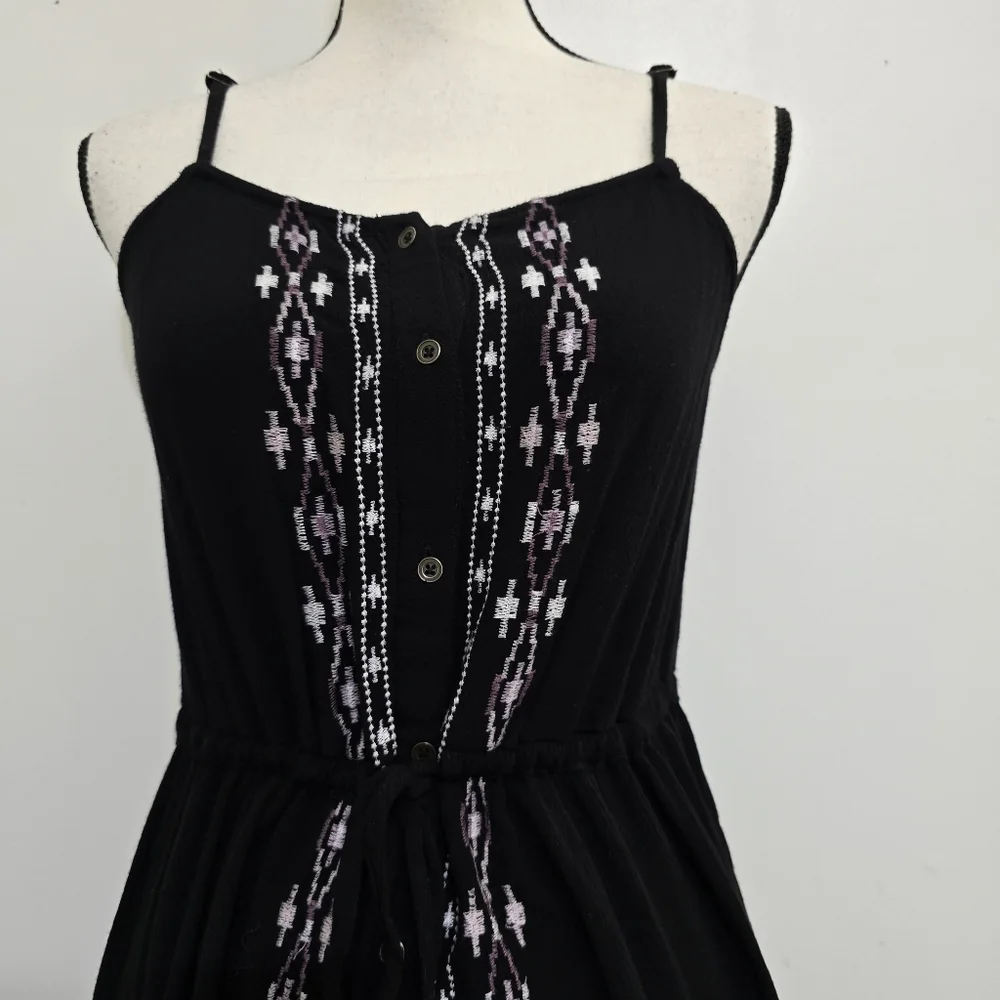 KNOX ROSE size Small Sleeveless Embroidered Tie Waist‎ Button Boho Dress Black